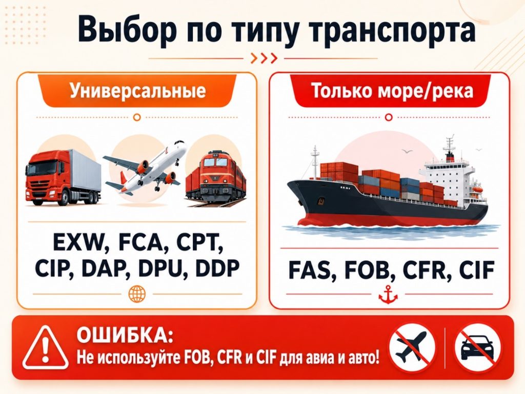 Выбор условий доставки в зависимости от вида транспорта